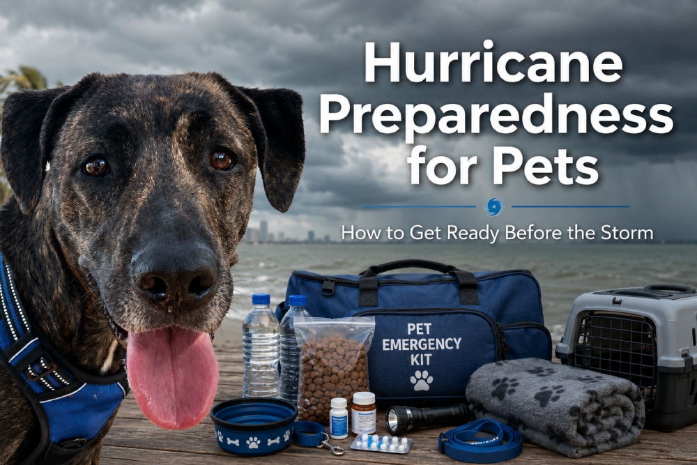 Dog with a pet emergency kit prepared for hurricane and storm safety.
